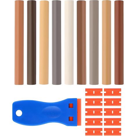 Kit Réparation Bois 9 Crayons Cire Multicolores + Outils Pâte à Bois Rebouchage pour Rayures, Trous (1/5)