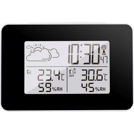 Station météo avec affichage 12/24h, réveil avec fonction snooze, prévisions météo 8h, mesure humidité 20-95% HR, enregistrement températures et humidité max/min intérieur/extérieur. (1/4)