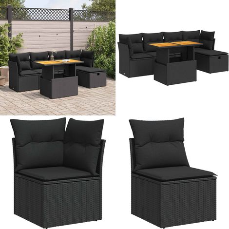 Set sofás jardín y cojines 6 pzas ratán sintético acacia negro - Cojines para jardín - Muebles de exterior