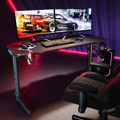 SONNI Gaming Tisch Computertisch RGB Schwarz mit Mauspad Getränkehalter und Kopfhörerhalter,Carbon Optik Schwarz 140cm (1/5)
