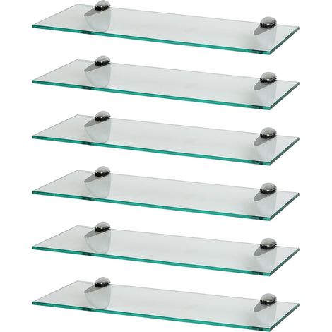 6X Clair 50cm Étagères Murales en Verre Flottant - Salle de Bain Douche Cuisine Rayonnage Stockage Unité d'Affichage avec Supports Argenté (1/5)