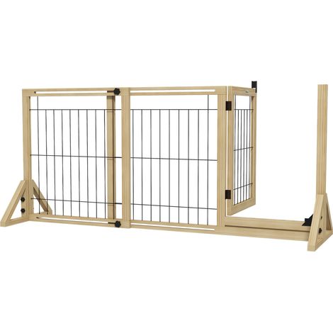 Barrière extensible pour chien, barrière de sécurité pour animaux de compagnie et chiots avec une porte et 2 panneaux, pieds triangulaires, 112 - 159 x 70 cm, bois naturel