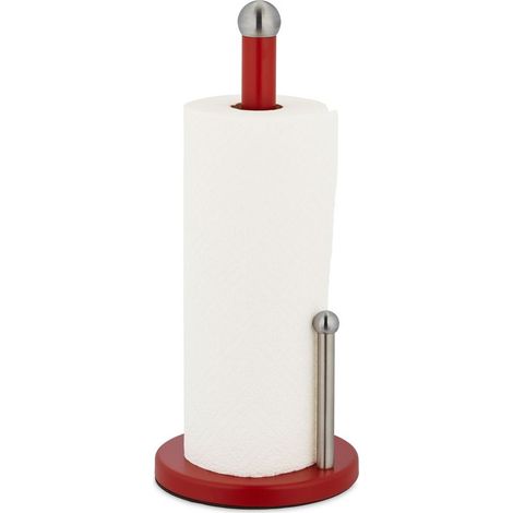 Relaxdays Support non fixe essuie-tout, acier inoxydable, avec barre d’arrêt, H x D : 35 x 15 cm, rouge - argenté (1/5)