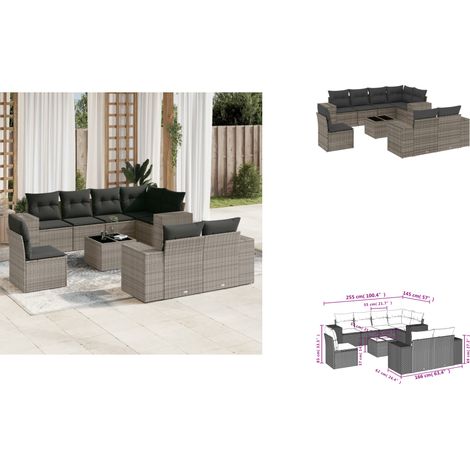 9-tlg. Garten-Sofagarnitur mit Kissen Grau Poly Rattan - Gartenmöbel Set - PE-Rattan Möbel - Outdoor Lounge - Esstisch - Sofasatz (1/3)