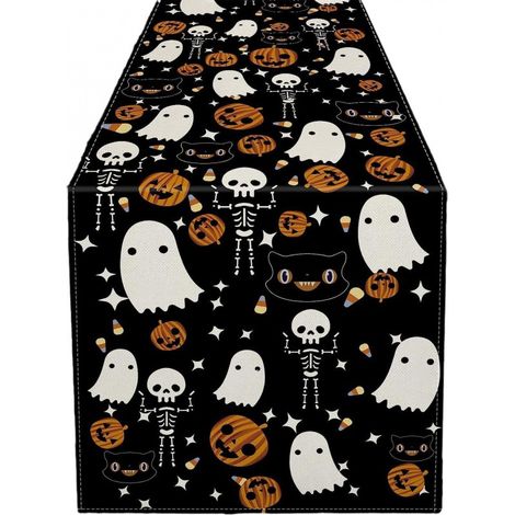 Nappe d'Halloween avec squelette effrayant et citrouille, en toile de jute, pour la maison, la cuisine et les fêtes d'intérieur et d'extérieur. (1/5)