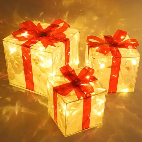 Boite Cadeau LED, Lot de 3 Boîtes à Cadeaux Lumineuses de Noël avec 60 LEDs, Lumières de Décoration de Noël, Décoration Intérieur pour Noël, Avent, Hiver, Sapin de Noël, Fête (PVC) (1/5)