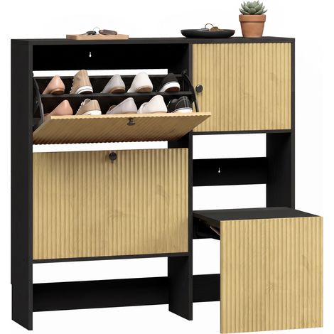 HOMCOM zapatero estrecho con 2 cajones abatibles, armario, taburete oculto, moderno con estantes ajustables, para 8-10 pares, 100x23,8x100 cm, roble (1/5)