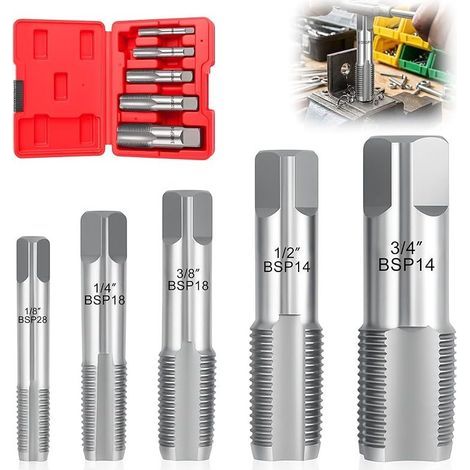 Lot de 5 tarauds à tube BSP : 1/8", 1/4", 3/8", 1/2", 3/4" - Outil de réparation pour tuyaux métalliques avec boîte de rangement (1/5)