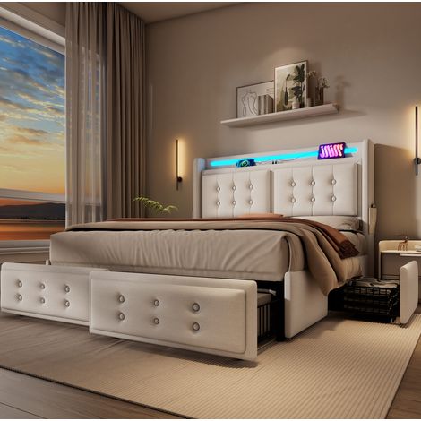 CHICFURN Letto matrimoniale 140x200 cm beige in cotone con LED, USB-C e 4 cassetti, senza materasso (1/5)