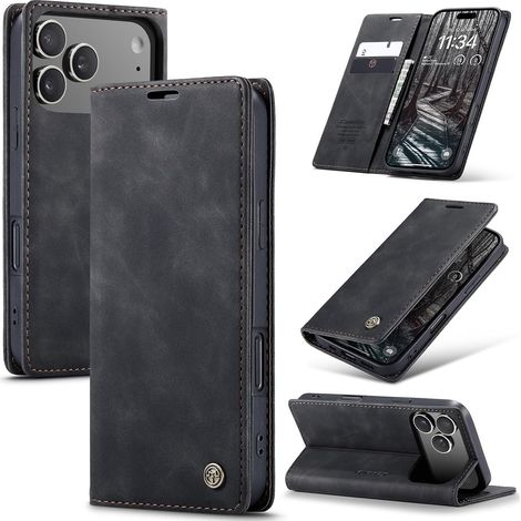 Coque pour iPhone 18 Pro/iPhone 17 Pro Premium Housse Cuir Protection Pochette Rabat Portefeuille Flip Case Porte Magnétique Coque Étui pour iPhone 18 Pro, Noir (1/5)