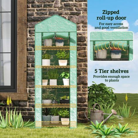 Mini serre portable à 5 niveaux pour fleurs d'extérieur avec supports d'étagères, structure en acier transparent, 27,25 x 19,25 x 76 cm, verte. (1/5)