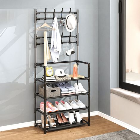Black Entryway 4 Tier Shoe Rack with Coat Hanger (1/5)