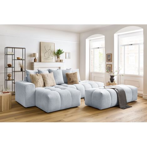 BOBOCHIC - Canapé d'angle fixe MONT-BLANC velours avec pouf Angle gauche Gris clair (1/5)