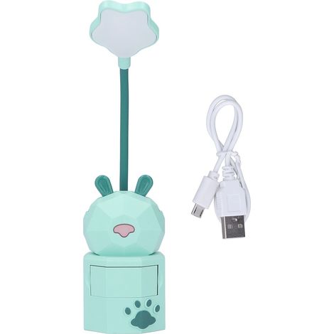 Lampe de bureau enfant, verte, motif lapin, chargement USB, bras flexible, lumière chaude, boîte de rangement, sûre et durable (1/5)