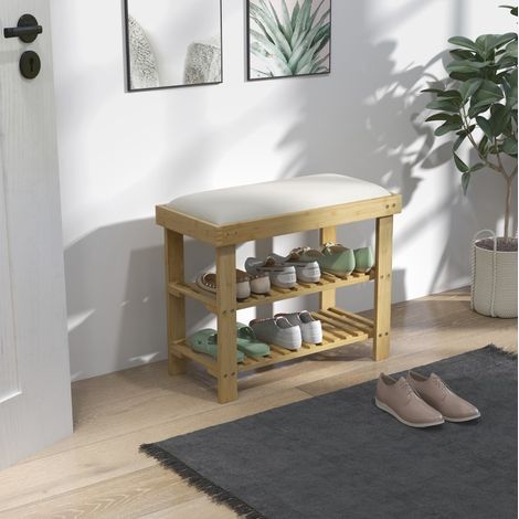 Sitzbank Schuhbank Stauraum Bambus 60 cm Cremeweiß OKMYHOME (1/5)