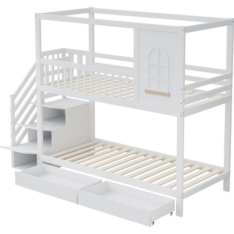 Cama litera infantil 90x200 cm de madera con escalera con almacenaje y cajones blanca (1/5)