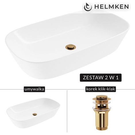 Helmken 39370000 Aufsatzwaschbecken (70x38) Weiß + Gold Klick-Klack-Verschluss (1/5)
