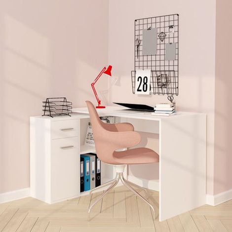 Escritorio Linaza, Esquinero, un Cajón, 2 Estantes, 120x92x74h cm Blanco (1/3)