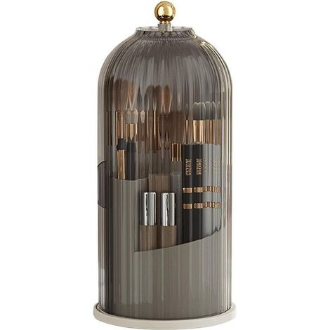 360° drehbarer, staubdichter Make-up-Organizer mit Deckel – Transparenter Pinselhalter für Schminktisch, Badezimmer, Schlafzimmer (Grau)