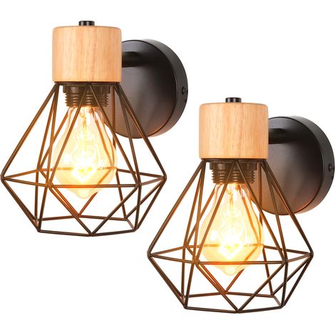 2er Wandlampe Retro aus Holz Eisen Käfig Wandleuchte Drehbare E27 16CM für Flur Wohnzimmer Schlafzimmer Küche Cafét (Schwarz)