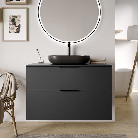 Waschtischunterschrank Bernstein TIM 100 cm für Aufsatzwaschbecken Badmöbel: Schwarz matt, Metallgriff: Chrom, Waschtischplatte: Schwarz matt