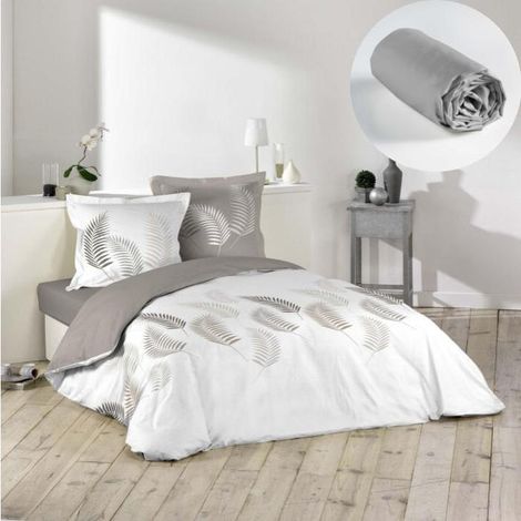 Pack parure de lit 260x240 cm Goyave – Drap housse 160x200 cm gris – 100% coton – Fermeture boutons pression – Cdaffaires (1/4)