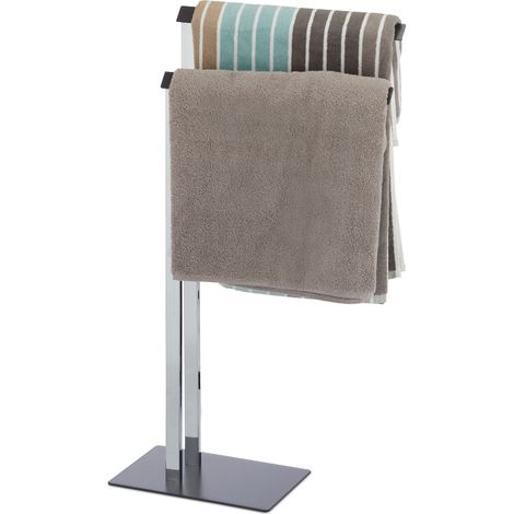 Relaxdays Free-Standing Towel Rail, Towel Rack with 2 Bars for the Bathroom, HWD 82 x 46 x 20 cm, Chrome/Anthracite