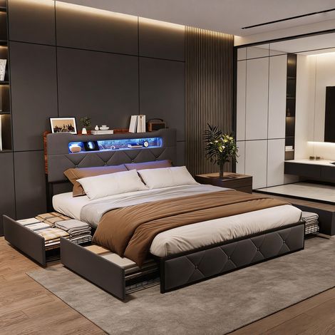 HYTKKBD - Lit Double 160x200cm,4 Tiroirs de Rangement,Lit Adulte avec Tête de lit LED,Port USB,lit avec Tiroirs,Sommier à Lattes,Velours - Gris