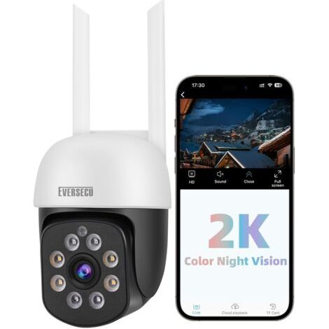 Caméra de sécurité extérieure PTZ Wi-Fi 2K 3,0 MP, Wi-Fi 2,4 GHz, suivi automatique, audio bidirectionnel, vision nocturne couleur et infrarouge, compatible avec Alexa, carte SD et stockage cloud, cam (1/5)