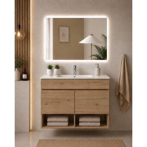 Badmöbel hängend mit Waschbecken extra flach ORIGENBATH NEBARI mit Türen ohne Spiegel 90x40 cm Estepa