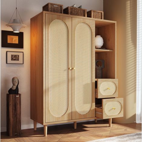 Armadio 120x44x161 cm con 2 ante, 2 cassetti e ripiani a giorno, in legno di rovere (1/5)