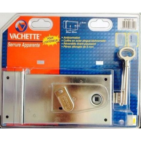 Vachette – Serrure en applique extérieure pour portail – Acier zingué bichromaté – Sens d'ouverture réversible – Fixation horizontale (1/5)