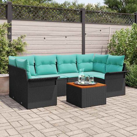 vidaXL Ensemble de canapé de jardin 7 pcs Noir et turquoise polyrotin (1/5)