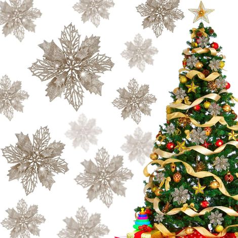 MINKUROW 12 Pezzi Fiori Di Natale, Ornamenti Per Alberi Di Natale Artificiali Fiori, Fiori Per Alberi Di Natale Artificiali, Decorazioni Glitterate Per Natale, Matrimonio E Capodanno - 16 Cm (Argento) (1/5)