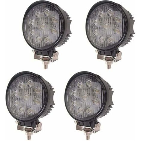 QORVA-Lot de 4 27W Phare de Travail LED Lumière de Travail Ronde Offroad Projecteur Floodlight Projecteur Floodlight Worklight pour ATV SUV VTT Tracteur Jardin 1755LM Noir en Fonte d'aluminium IP67-Fe (1/4)