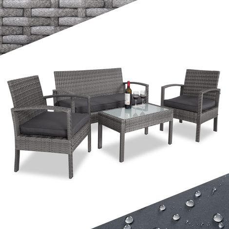 CASARIA® 7pc Weatherproof Polyrattan Garden Furniture Set Suitable for up to 4 People Outdoor Patio Seating Group with 2 Armchairs, Bench, 3 Cushions, & Frosted Glass Top Table Grey