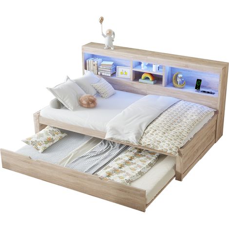 Lit gigogne 90x200 cm avec LED, port USB, prise et rangement latéral, en bois clair, sans matelas, pour chambre enfant, de CHICFURN (1/5)