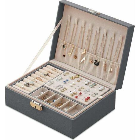 KZQ – Boîte à bijoux en cuir verrouillable – Coffret de voyage 23x17x9 cm – Doublure en velours doux – Organisateur de bijoux compact gris (1/4)