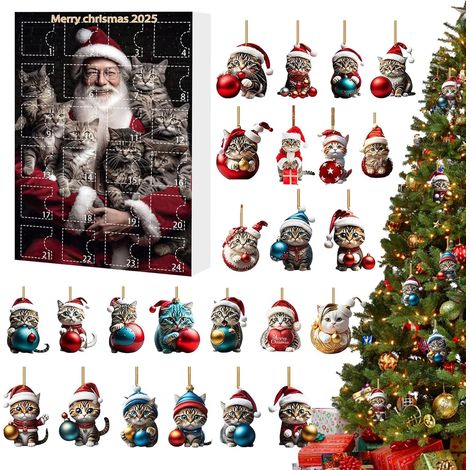 Décoration de l'Avent en forme de chat de Noël Ornements en acrylique 2D à suspendre, breloque chaton, calendrier compte à rebours de 24 jours pour sapin de Noël, fenêtre, mur, porte (1/5)