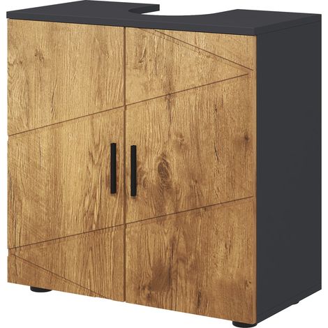 Meuble sous vasque lavabo meuble de salle de bain 2 portes avec étagère 60 x 30 x 60 cm gris anthracite et aspect bois (1/5)