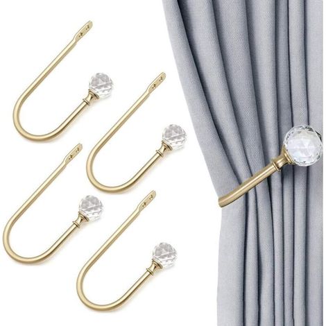 4 pièces de rideaux en forme de U avec boules de cristal transparentes pour décoration murale, Doré-DOU