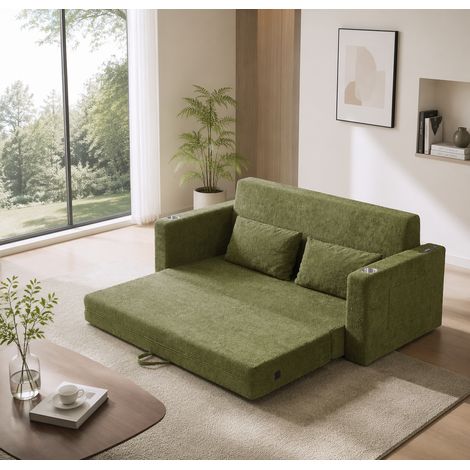 Canapé convertible 2 places 153x77x65 cm en velours vert, gain de place pour salon FloraGrace (1/5)