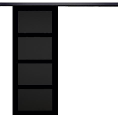 Porte Coulissante Telia Noir 4 Panneaux H204 X L83 + Rail Alu Bandeau Noir
