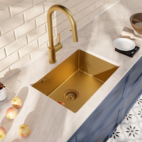 Ceramia Timeless 55x45x21 cm lavello sottotop + miscelatore in acciaio inox con doccetta estraibile, oro spazzolato (1/4)