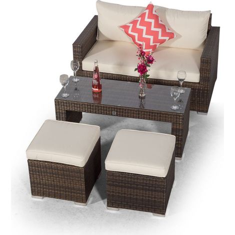 Giardino Sydney Rattan 2 Seater Sofa Set with Coffee Table and 2 Stools - Brown (1/5)