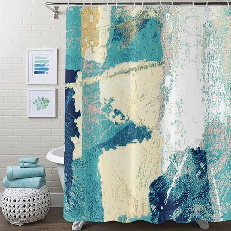 Rideau de douche bleu-vert avec motifs artistiques abstraits à coups de pinceau dans les tons turquoise, beige, jaune, blanc et bleu marine imperméable et lavable en machine (72 pouces x 84 pouces). (1/5)