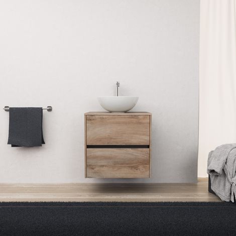 Inda - Badezimmerschrank 2 Schubladen L.60 mit Aufsatzwaschbecken / Natureiche - Diamante
