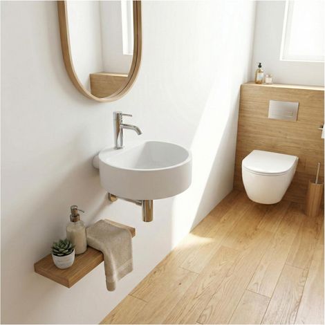 Lavabo redondo de resina blanca, 36cm, para uso mural o sobre encimera