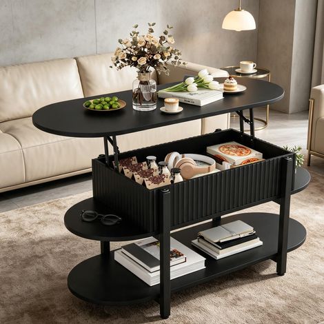 Table basse relevable – plateau ovale – rangement intégré – design moderne – noir (1/5)