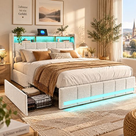 HYTKKBD - Lit Double 140x190 cm avec 4 Tiroirs,Lit Adulte avec Éclairage LED et Ports USB,Cadre de Lit avec Sommier à Lattes,Facile à Assembler,Tissu en Lin - Beige